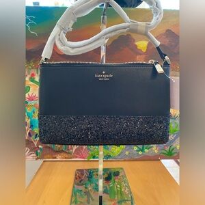 kate spade New York flash crossbody bag, Black with Sparkle, Elegant, Small